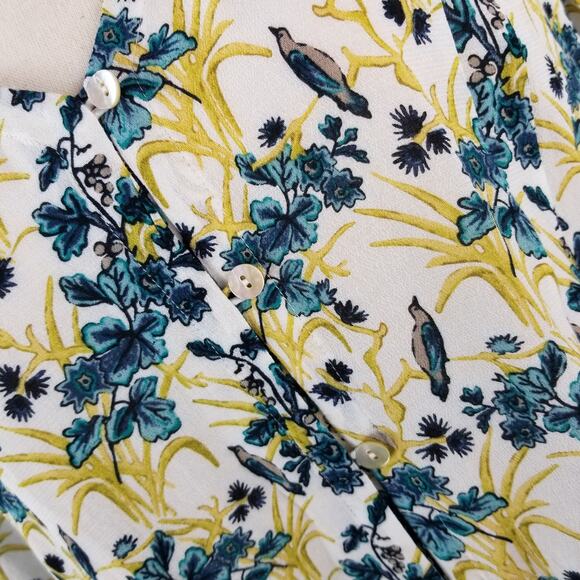J Jill Blue White Yellow Floral Birds Long Sleeve Blouse Top Pearlized Buttons M - Picture 3 of 5